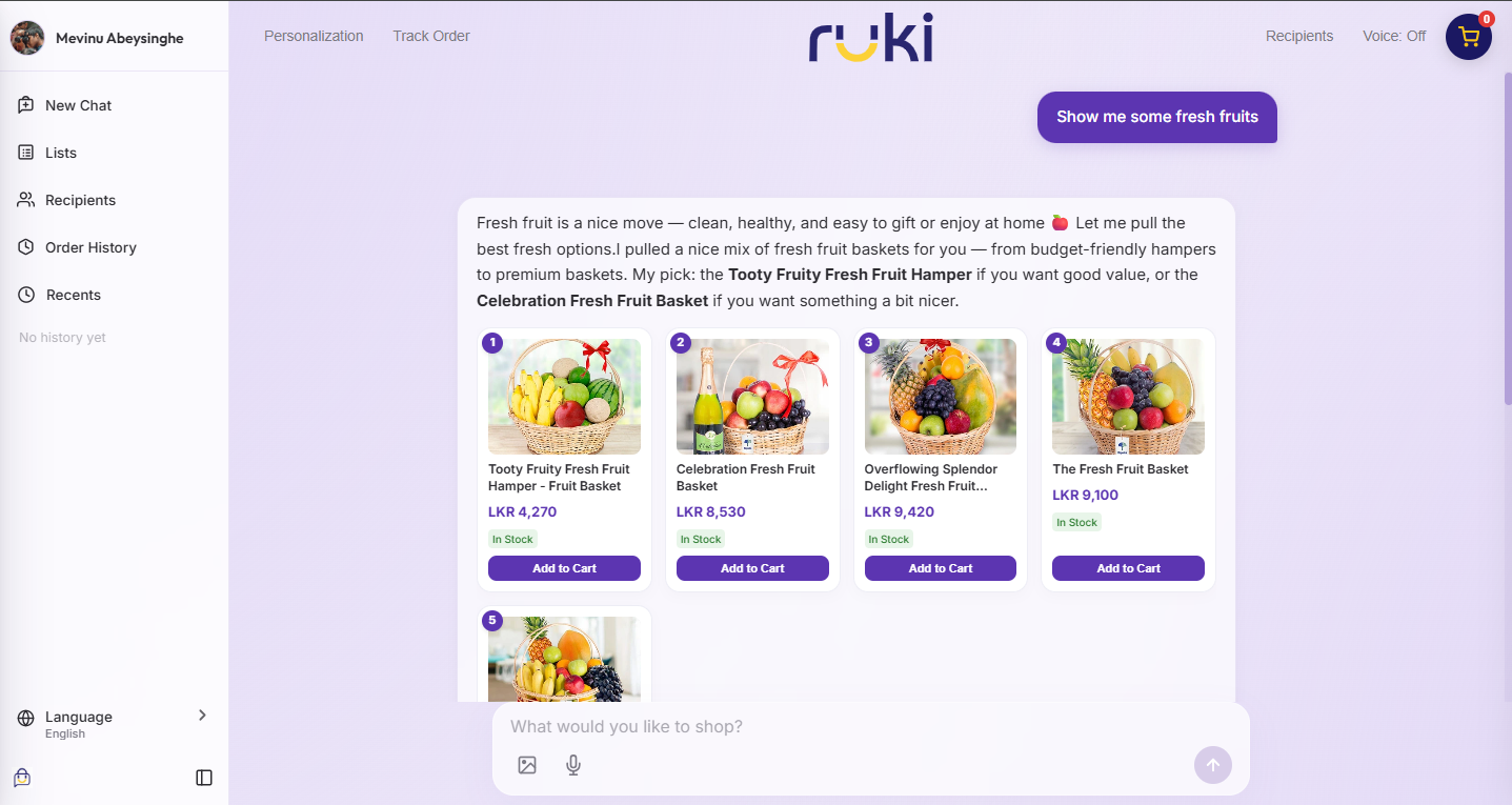 Ruki AI cart and checkout interface screenshot